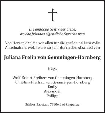 Traueranzeige von Juliana Freiin von Gemmingen-Hornberg 