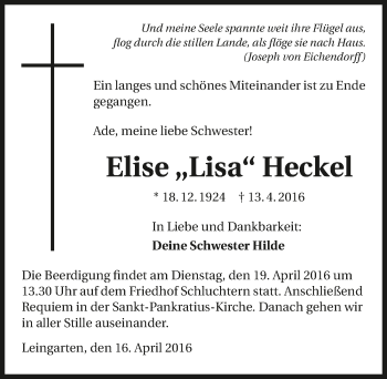 Traueranzeige von Elise Heckel 