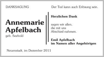 Traueranzeige von Annemarie Apfelbach 