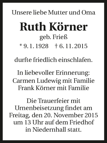 Traueranzeige von Ruth Körner 