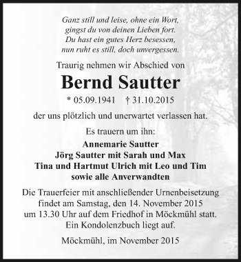 Traueranzeige von Bernd Sautter 