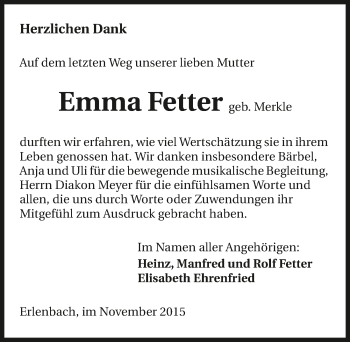 Traueranzeige von Emma Fetter 