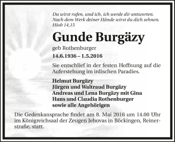 Traueranzeige von Gunde Burgäzy 