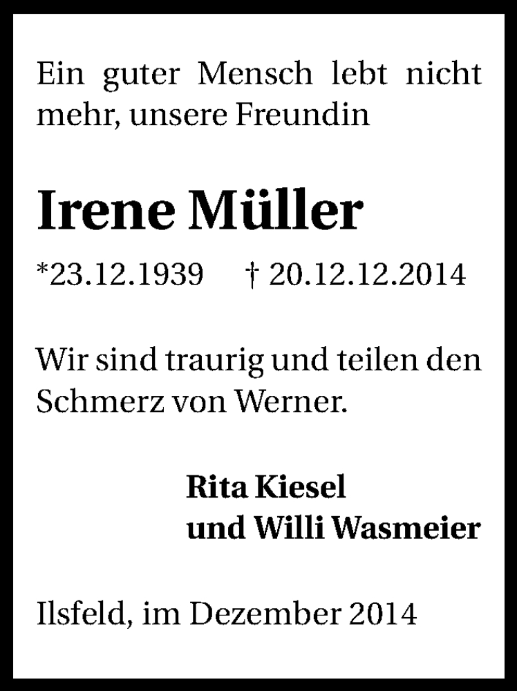  Traueranzeige für Irene Müller vom 26.12.2014 aus 