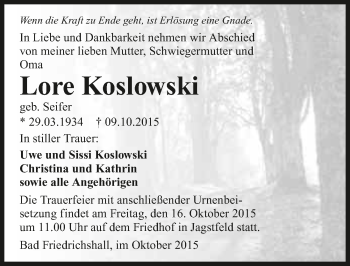 Traueranzeige von Lore Koslowski 