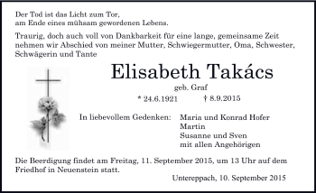 Traueranzeige von Elisabeth Takács 