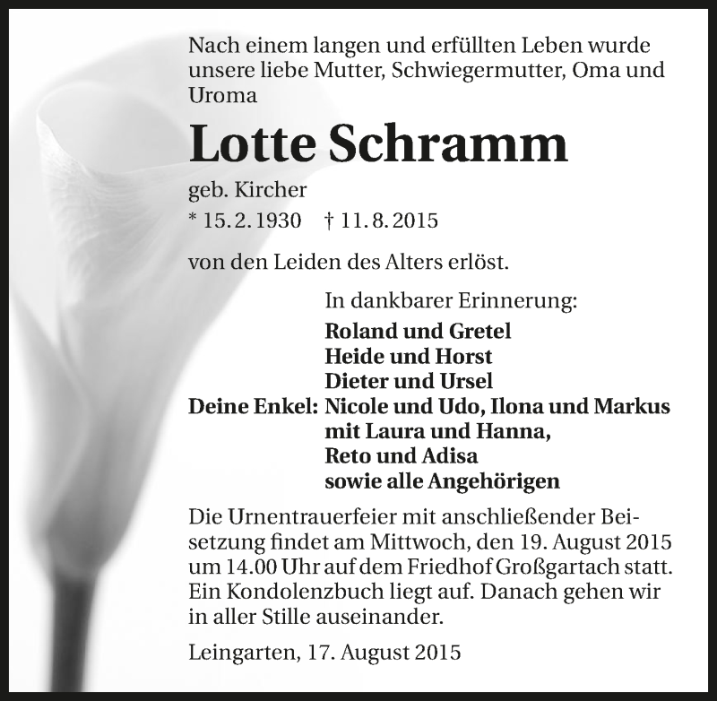  Traueranzeige für Lotte Schramm vom 17.08.2015 aus 