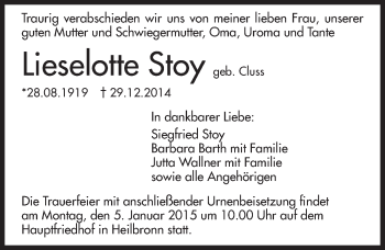 Traueranzeige von Lieselotte Stoy 