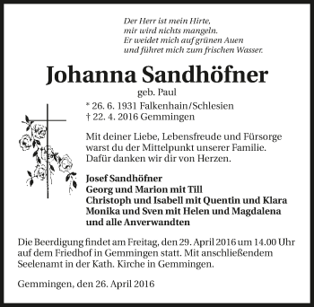 Traueranzeige von Johanna Sandhöfner 