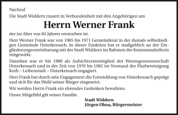 Traueranzeige von Werner Frank 