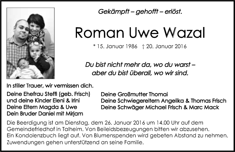  Traueranzeige für Roman Uwe Wazal vom 23.01.2016 aus 