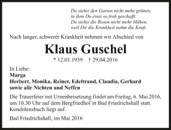 Traueranzeige von Klaus Guschel 