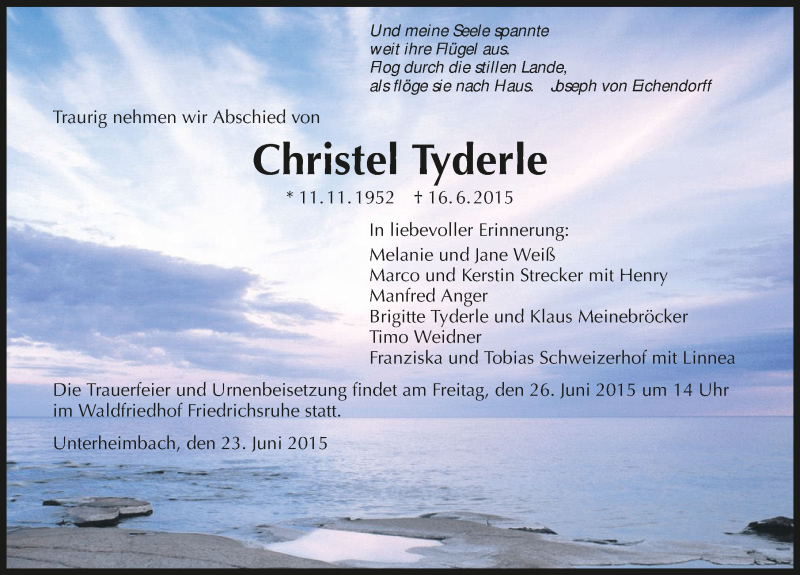  Traueranzeige für Christel Tyderle vom 23.06.2015 aus 
