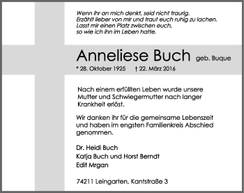 Traueranzeige von Anneliese Buch 