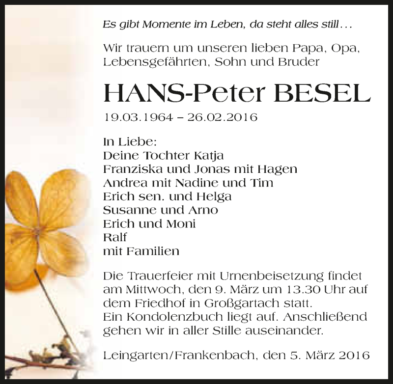  Traueranzeige für Hans-Peter Besel vom 05.03.2016 aus 