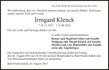 Traueranzeige von Irmgard Klenck 