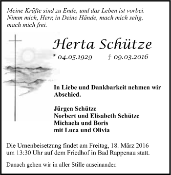 Traueranzeige von Herta Schütze 