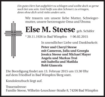 Traueranzeige von Else Steese 