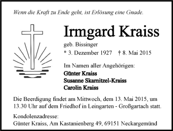 Traueranzeige von Irmgard Kraiss 