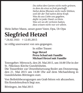 Traueranzeige von Siegfried Hetzel 