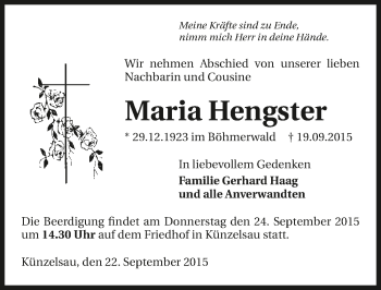 Traueranzeige von Maria Hengster 