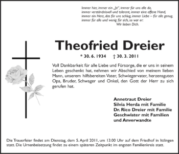 Traueranzeige von Theofried Dreier 