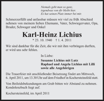 Traueranzeige von Karl-Heinz Lichius 