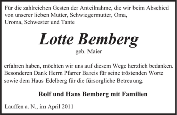 Traueranzeige von Lotte Bernberg 