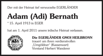 Traueranzeige von Traueranzeige Adam Bernath 