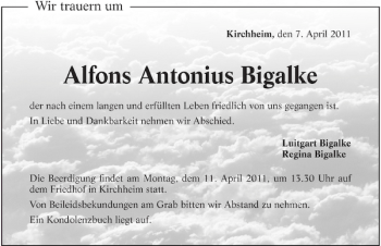 Traueranzeige von Alfons Antonius Bigalke 