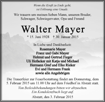 Traueranzeige von Walter Mayer 