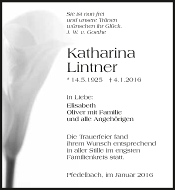 Traueranzeige von Katharina Lintner 