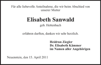 Traueranzeige von Elisabeth Sanwald 