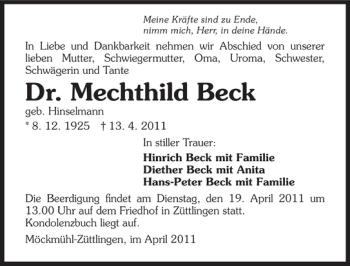 Traueranzeige von Dr. Mechthild Beck 