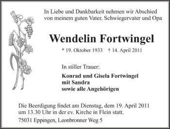 Traueranzeige von Wendelin Fortwingel 