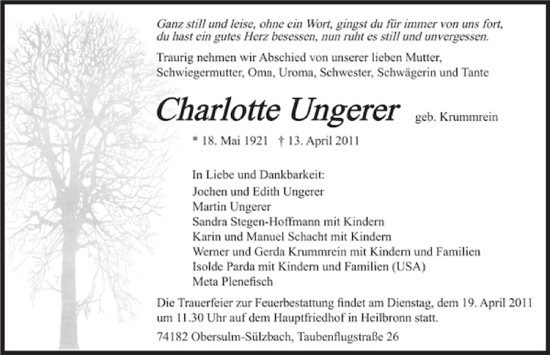  Traueranzeige für Charlotte Ungerer vom 16.04.2011 aus 