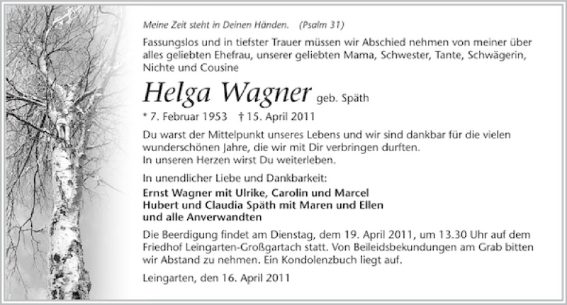  Traueranzeige für Helga Wagner vom 16.04.2011 aus 