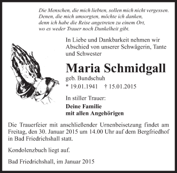 Traueranzeige von Maria Schmidgall 