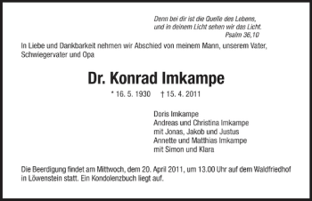 Traueranzeige von Dr. Konrad Imkampe 