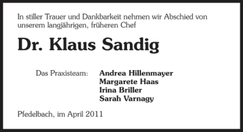 Traueranzeige von Dr. Klaus Sandig 