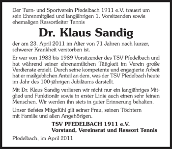 Traueranzeige von Dr. Klaus Sandig 