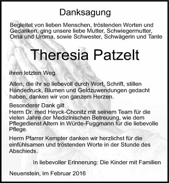 Traueranzeige von Theresia Patzelt 