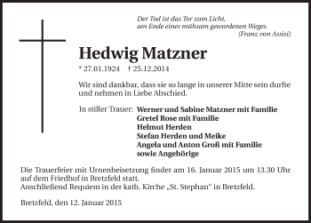 Traueranzeige von Hedwig Matzner 