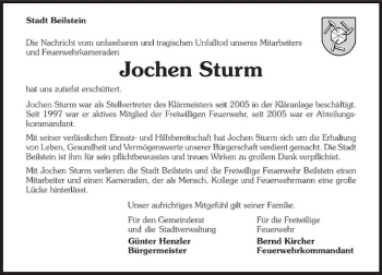 Traueranzeige von Jochen Sturm 