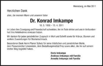 Traueranzeige von Dr. Konrad Imkampe 