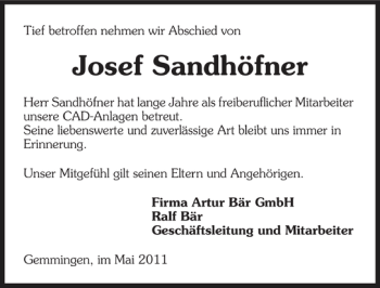 Traueranzeige von Josef Sandhöfner 