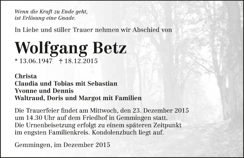  Traueranzeige für Wolfgang Betz vom 21.12.2015 aus 