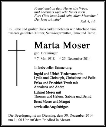 Traueranzeige von Marta Moser 