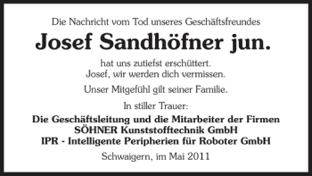 Traueranzeige von Josef Sandhöfner jun 