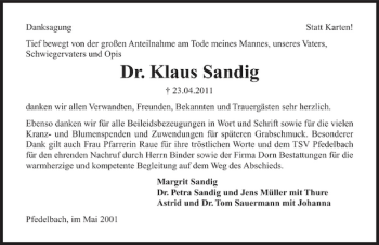 Traueranzeige von Dr. Klaus Sandig 